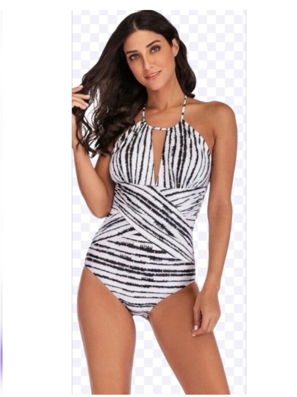 Beachsissi XL One Piece Swimsuit Black White Stripe Halter Keyhole Wrap NWT